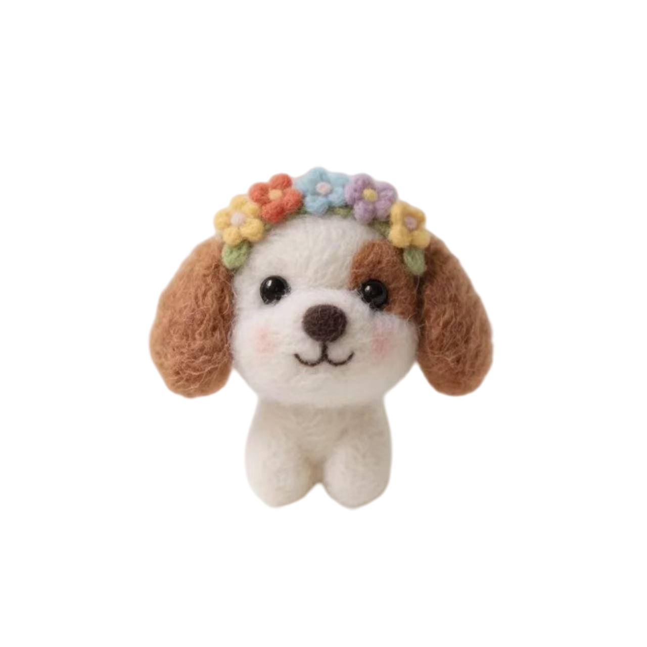 Handmade Needle Felted Puppy Plush Figurine with Flower Crown
